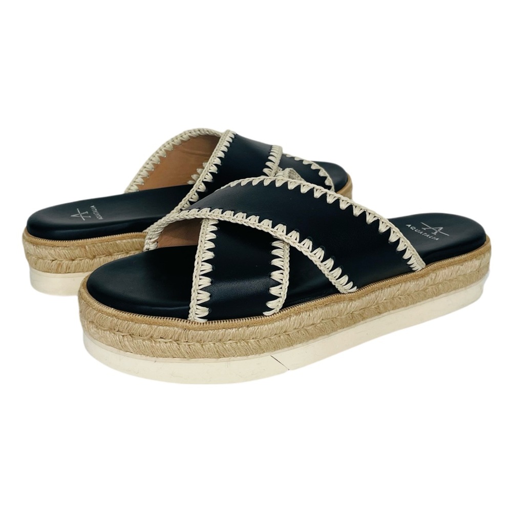 Aquatalia Black and Natural Espadrille Slide Sandals with Whipstitch